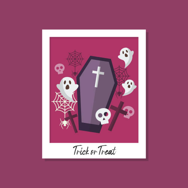 Trick or Treat with ghost and coffin Trick or Treat with ghost and coffin. Halloween party greeting card. Vector illustration halloween photos stock illustrations