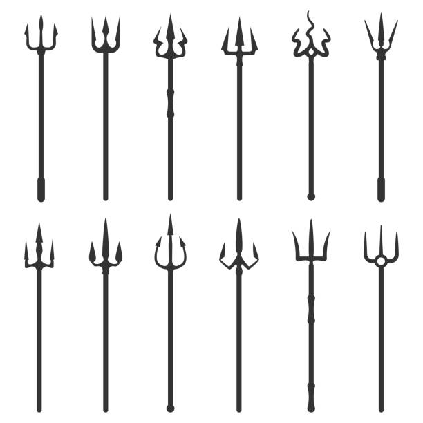 Tridents symbol set Tridents symbol set. Three-pronged spear of different types, weapon of Poseidon, or Neptune. Vector flat style illustration isolated on white background trident spear stock illustrations