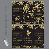 Tri-fold brochure template with roses in gold and black colors