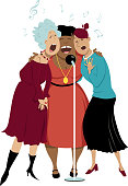 Three mature women singing in a microphone, EPS 8 vector illustration