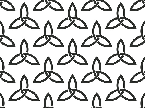 Triquetra seamless pattern. Black symbols isolated on white background. Trinity or trefoil knot. Celtic symbol of eternity. Vector illustration