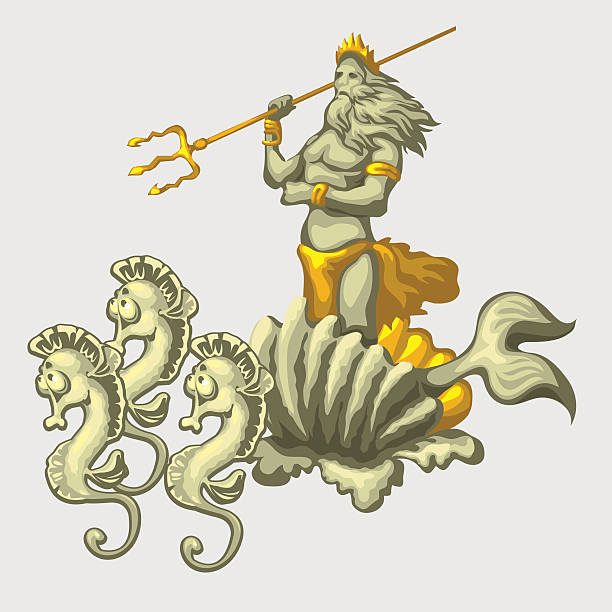 Triton on a carriage with team of sea horses Triton on a carriage with team of sea horses, cartoon character image merman stock illustrations