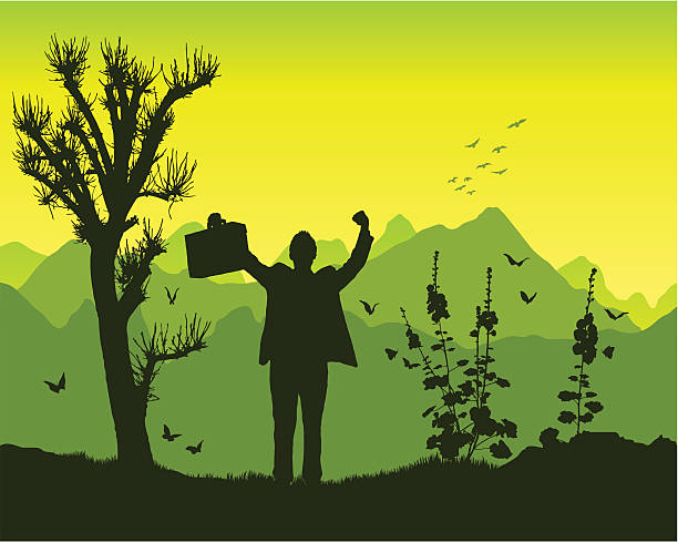 Triumph in the mountains A highly detailed silhouette in a beautiful mountain environment which shows a businessman holding his briefcase up in success. chancellor stock illustrations