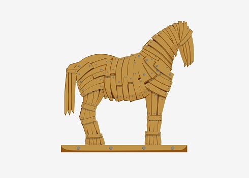 Trojan horse illustration. Mythicaln statue horse military deception Greek troops.