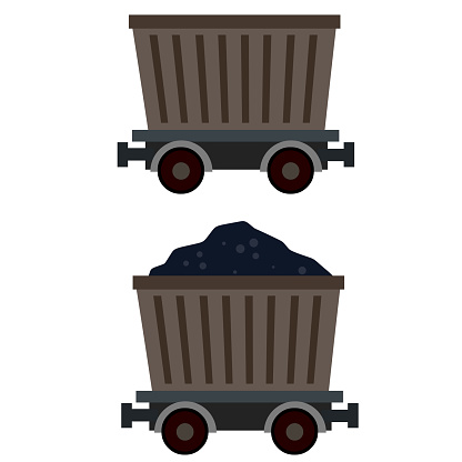 Trolley with coal. Underground transport. Mining equipment.