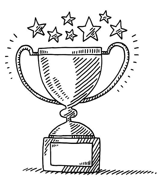 Trophy Achievement Stars Drawing Hand-drawn vector drawing of an Achievement Trophy and Stars. Black-and-White sketch on a transparent background (.eps-file). Included files are EPS (v10) and Hi-Res JPG. star shape illustrations stock illustrations
