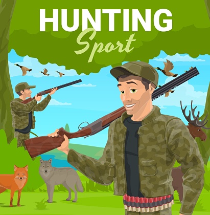 Trophy hunting sport, hunter with rifle vector
