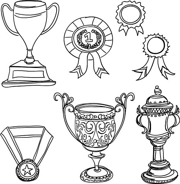 Trophy in black and white Line art drawing of different kinds of Trophy. award drawings stock illustrations