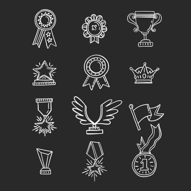 Trophy, medals, cups Vector trophy, medals, cups and awards icons set isolated on background. Handdrawn outline style. award drawings stock illustrations