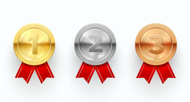 Trophy medals set, reward sign and ceremony Trophy medals set, reward sign and ceremony. Prize for competition. Vector realistic style illustration on white background medal stock illustrations