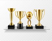 Trophy cup on shelf. Realistic golden cup awards on glass shelves. Championship and business achievement metallic shiny prize trophies isolated vector concept