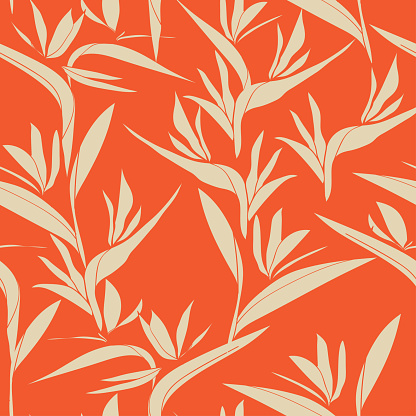 Tropic Plants and Flowers silhouette in orange pink background pattern. Vector seamless pattern design for textile, fashion, paper, packaging and branding.