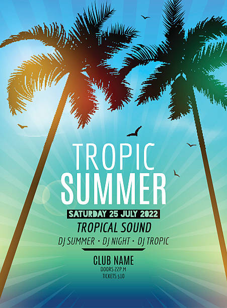 Tropic Summer Beach Party.   vacation and travel. Tropical poster colorful Tropic Summer Beach Party. Tropic Summer vacation and travel. Tropical poster colorful background and palm exotic island. Music summer party festival. DJ template club dj stock illustrations
