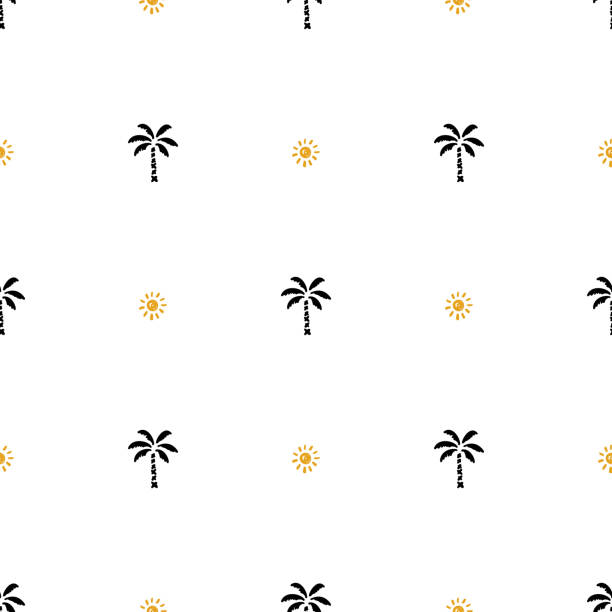 Tropical Background. Hand Drawn Doodle Sun and Palm Trees Silhouettes Seamless Pattern Tropical Background. Hand Drawn Doodle Sun and Palm Trees Silhouettes Seamless Pattern beach patterns stock illustrations