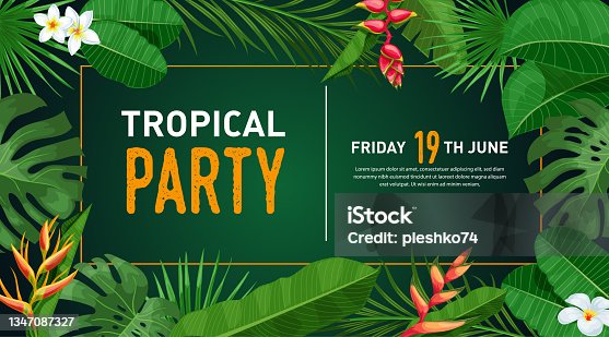 istock Tropical banner design template. Dark green theme with orange thin frame. Palm, monstera leaves, troical exotic flowers. Best for invitations, flyers, party posters. Vector illustration. 1347087327