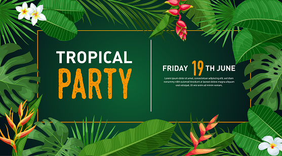 Tropical banner design template. Dark green theme with orange thin frame. Palm, monstera leaves, troical exotic flowers. Best for invitations, flyers, party posters. Vector illustration.