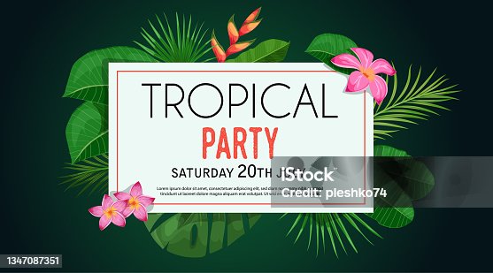 istock Tropical banner design template. Dark green theme with orange thin frame. Palm, Monstera leaves, tropical exotic flowers. Best for invitations, flyers, party posters. Vector illustration. 1347087351