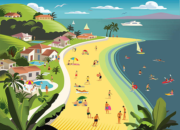 ilustraciones, imágenes clip art, dibujos animados e iconos de stock de vacaciones en playa tropical con deportes acuáticos - airbnb
