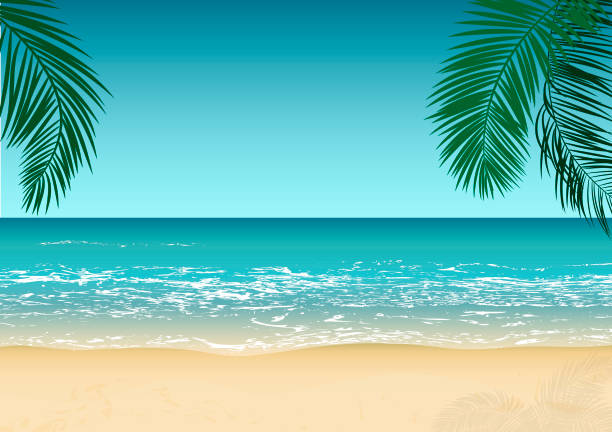 stockillustraties, clipart, cartoons en iconen met tropisch strand, zee golven, rust en ontspanning, vector achtergrond - strand