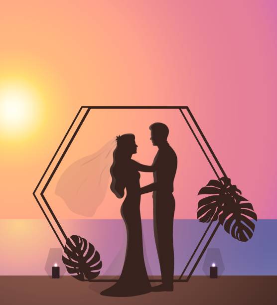 Tropical Beach Wedding Concept Romantic Silhouette of a Couple, Arch Decorated With Monstera Leaves and Candles at Sunset. Beautiful Newlyweds Looking at Each Other, Hugging by the Sea date night stock illustrations