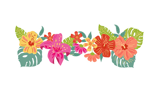 Tropical exotic flowers and leaves. Vector illustration isolated on white background. Flat style design element for poster, banner, party invitation, summer concept.