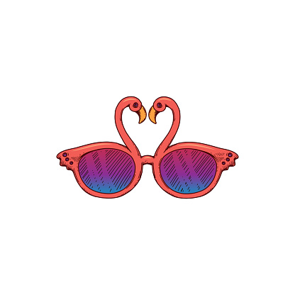 Tropical flamingo shaped sunglasses with two pink birds and colorful lens