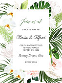istock Tropical flowers and leaves vector design card 1344807048