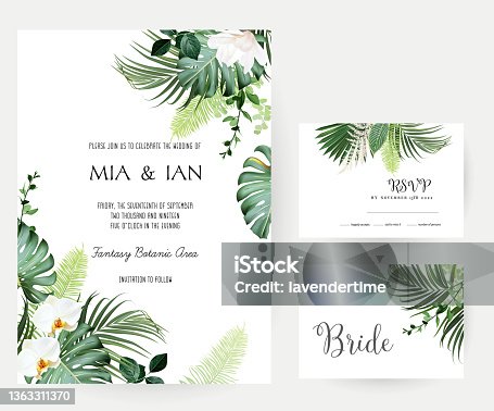 istock Tropical flowers and leaves vector design cards. White orchid, magnolia, dried fern 1363311370