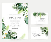 istock Tropical flowers and leaves vector design cards. White orchid, magnolia, dried fern 1363311370