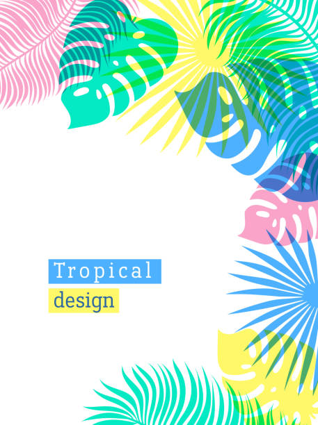 Tropical Flowers and Palms Summer Background with copy space. Flat style illustration in punchy pastels colors. Exotic Floral frame for Invitation, Flyer or Card. Tropical floral template Tropical Flowers and Palms Summer Background with copy space. Flat style illustration in punchy pastels colors. Exotic Floral frame for Invitation, Flyer or Card. Tropical floral template. Vector illustration. summer borders stock illustrations
