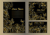 Tropical flowers mock ups set. Outline typography composition A4, square and business card formats. Luxury gold template collection.