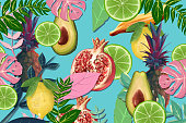 Tropical fruit and leaves, summer background composition vibrant colors