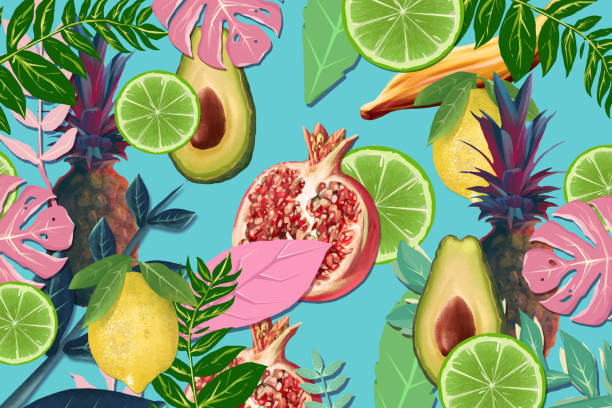 illustrazioni stock, clip art, cartoni animati e icone di tendenza di fondo di frutta e foglie tropicali - stankovic