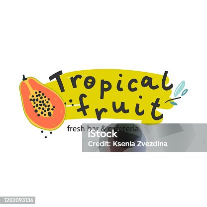 istock Tropical fruit logotype with fresh papaya illustration, handdrawn lettering logo for fresh bar or cafe, cute simple flat design, isolated vector label 1202093136