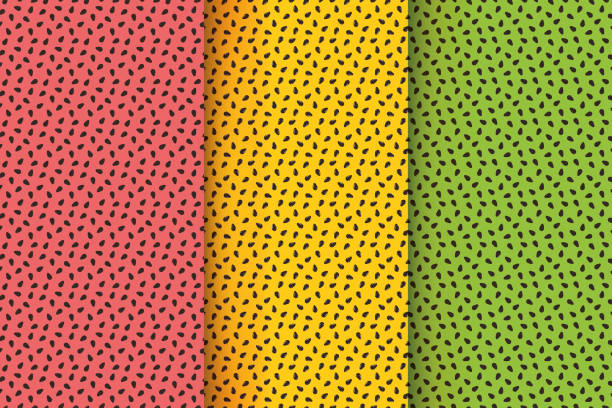 Tropical fruit seamless pattern set. Watermelon, maracuya, kiwi texture. Exotic summer print with brown seeds on red, orange and green background. Vector illustration Tropical fruit seamless pattern set. Watermelon, maracuya, kiwi texture. Exotic summer print with brown seeds on red, orange and green background. Vector illustration. tropical fruit stock illustrations