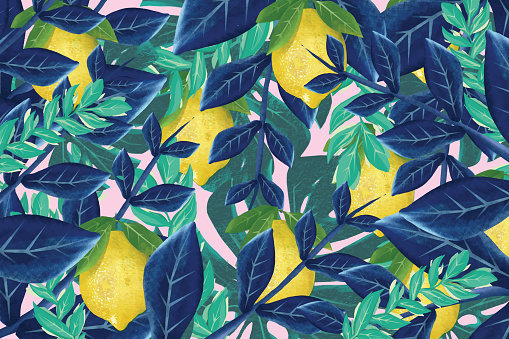 Tropical green leaves and lemons background