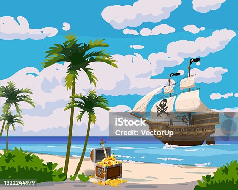 istock Tropical Island Pirate ship under sail in ocean, treasure cheast, tropical, palms. Sea landscape coast, beach, sand, adventure, game. Vector illustration 1322244979