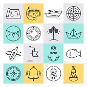Modern tropical island resorts outline style concept with symbols. Line vector icon sets for infographics and web designs.