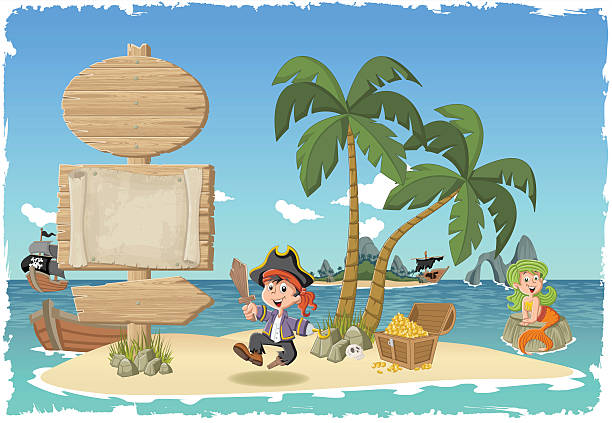 tropical island with cartoon pirate boy. Wooden sign on a beautiful tropical island with cartoon pirate boy. sword beach stock illustrations