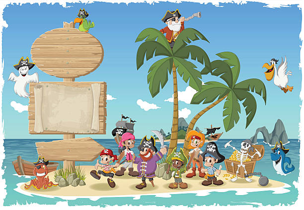 tropical island with cartoon pirates. Wooden sign on a beautiful tropical island with cartoon pirates. sword beach stock illustrations