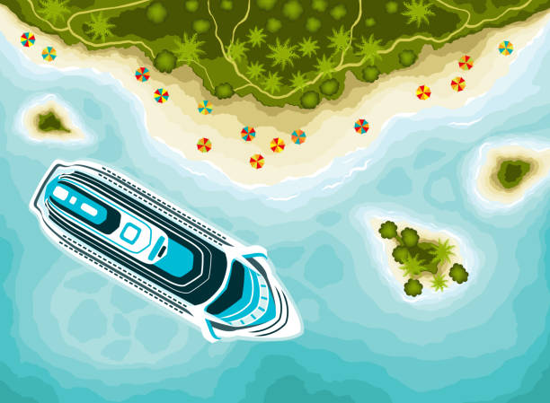 ilustrações de stock, clip art, desenhos animados e ícones de tropical islands top view and cruise ship - aerial boat