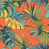 Vector illustration Tropical jungle floral seamless pattern background with palm leaves. Colored ink splatter grunge style.Texture,  background pattern,  seamless pattern, floral pattern,floral background,  floral vector,  floral design,  vintage  pattern,   palm tree, palm leaf, palm beach, tropical leaves, tropical beach, tropical background, green leaf, leaf vector