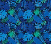 Tropical Leaf Seamless Pattern in Dark Indigo Blue - Illustration