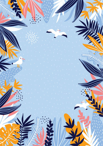 Tropical leaves frame with marine seagulls. Hand drawn summer card.  Vector illustration. Tropical leaves frame with marine seagulls. Hand drawn summer card.  Vector illustration. beach borders stock illustrations