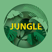 Different tropical leaves with the inscription "JUNGLE". Paper cut style. Vector illustration