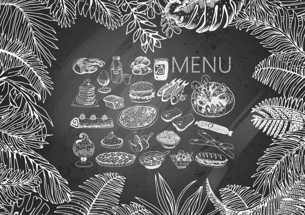 Tropical Menu with texture and text. Vector Frame with Exotic Palm Leaves. Tropical Menu with texture and text. 
Vector Frame with Exotic Palm Leaves. Hand Drawn Recipe or Menu Backgrounds with Gray Chalkboard. Black and White illustration in Retro Style. pasta borders stock illustrations