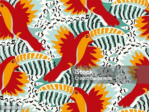 istock Tropical pattern with cute and colorful tropical birds. 1399097353