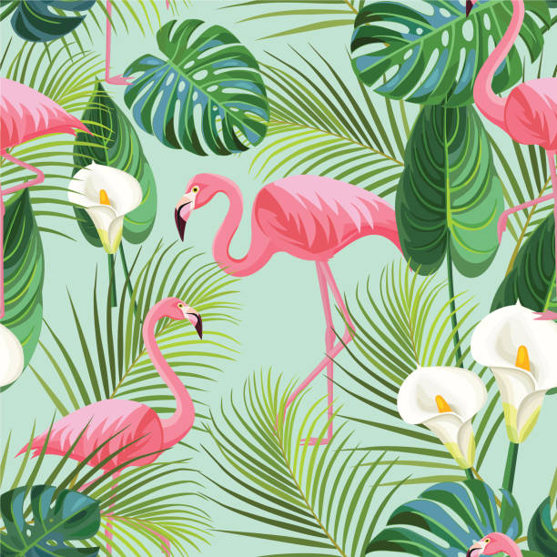 stockillustraties, clipart, cartoons en iconen met tropische patroon met flamingo's. vector naadloze textuur. - flamingo