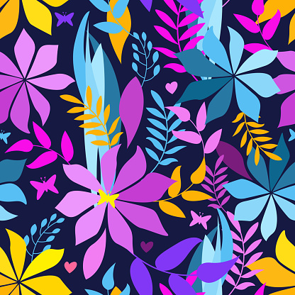 tropical purple leaves seamless pattern. exotic forest pattern. butterfly in the garden.