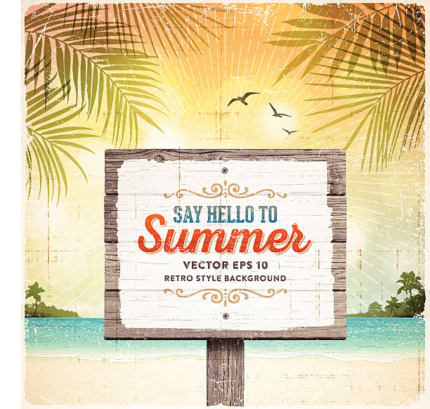 Tropical Retro Beach Summer Wooden Sign Background Tropical summer vacation retro background with wooden sign, tranquil sea, white sand beach, islands, palm trees, palm leaves and text.File is layered with global colors.Only gradients and blur(clouds) used.Hi res jpeg without text included.More works like this linked below. beach borders stock illustrations